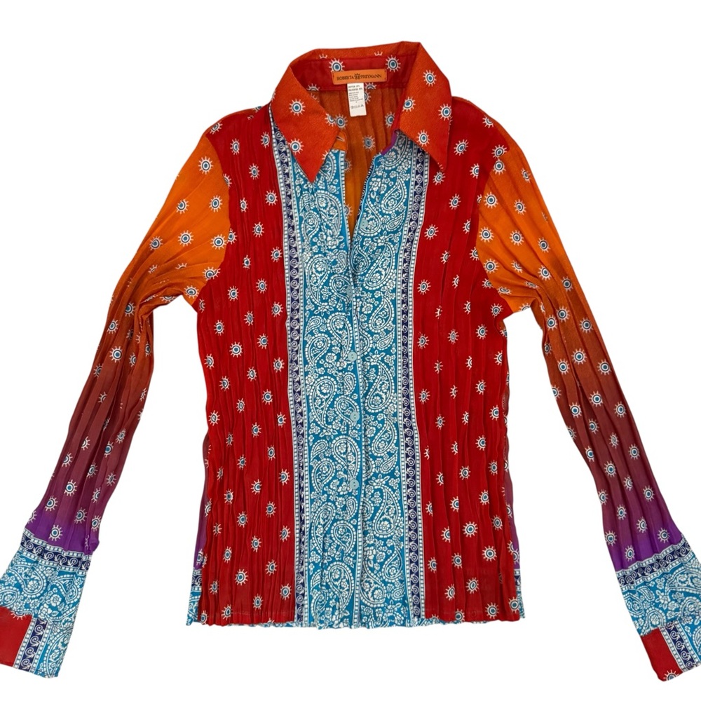Roberta Freymann Crinkled Collared Shirt Women's Multicolor Long Sleeve Top